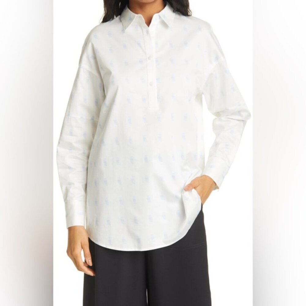 Club Monaco Printed Boyfriend Button Down‎ Shirt, Blue Dots, Size S